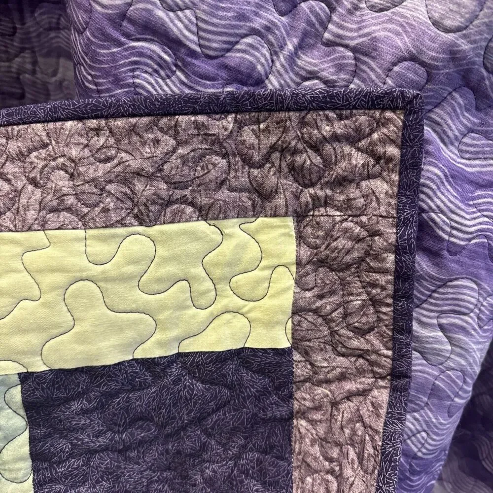 Vtg 2001 Handmade Patchwork Purple Quilt Quilted celebrating Names Poudre 68x45”